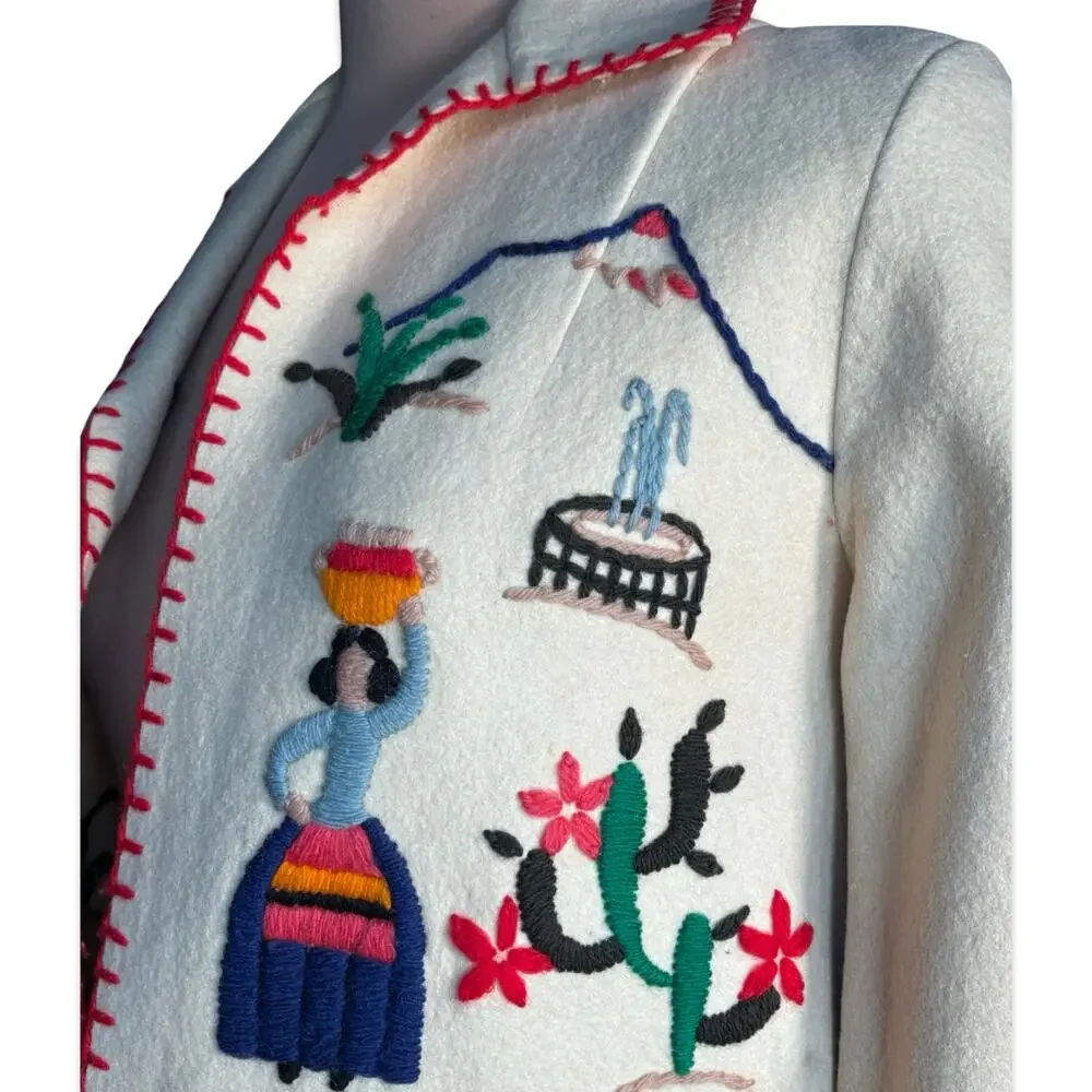 Vintage Hand Embroidered Folk Art Jacket Mexican Southwestern Wool Coat Medium - Picture 5 of 16